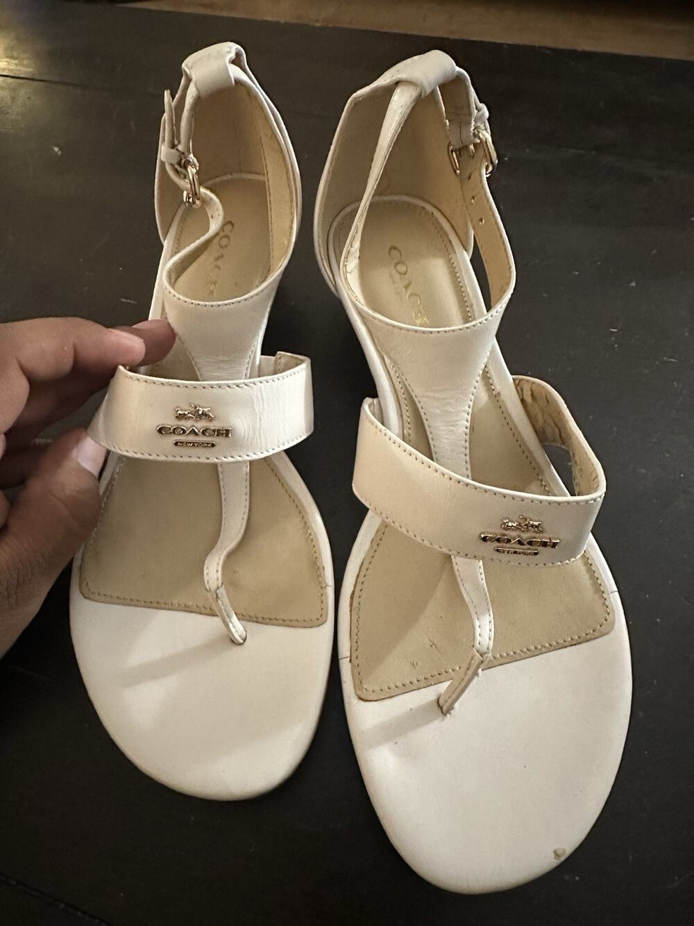 Coach "Vienna" Sz 7.5 Genuine Leather Wedge Thong Sandals Ivory